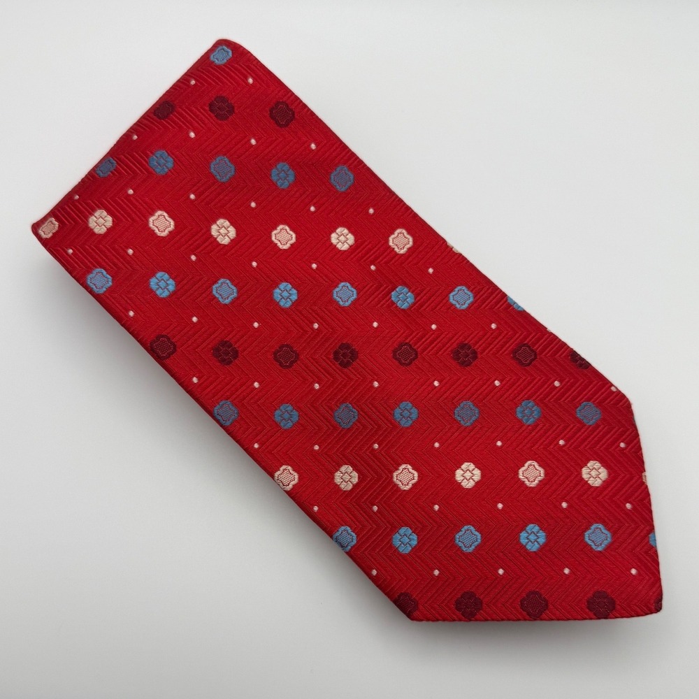 Jos. A. Bank Silk Tie 3.75" Red Geometric Floral Chevron Italian Preppy Classic